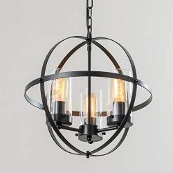 FERWVEW 14.2'' Farmhouse Rustic Black Globe Ceiling Hanging Lighting Foyer Chandelier Light Fixture,3-Light Modern Metal Pendant Lighting for Kitchen Island Living Dining Room Bedroom Entryway Hallway