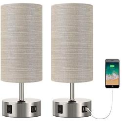 Oneach Modern Table Lamps Set of 2 with Dual USB Charging Port an AC Outlet 15” Bedside Desk Lamp for Bedroom Living Room Grey Cylinder Shade