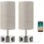 Oneach Modern Table Lamps Set of 2 with Dual USB Charging Port an AC Outlet 15” Bedside Desk Lamp for Bedroom Living Room Grey Cylinder Shade