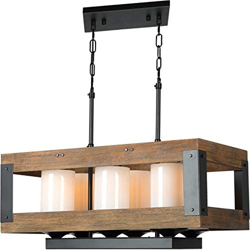 Lampundit 6-Lights Kitchen Island Lighting, Island Light Fixture with Glass Shade, Rectangular Wood Farmhouse Chandelier for Dining Room, Black & Brown Finish