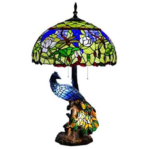 18 Inches Stained Glass Table Lamps Dragonfly Flowers Tiffany Style Peacock Night Light Resin Reading Lamps for Living Room E27 5 Light,F