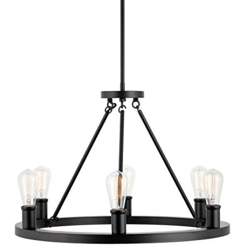 Kira Home Jericho 25'' 6-Light Large Industrial Rustic Farmhouse Wagon Wheel Chandelier, Round Kitchen Island Light, Black Finish
