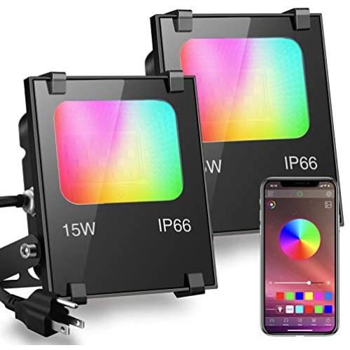 LED Flood Light 100W Equivalent RGB Color Changing, Outdoor Smart Floodlights RGBW 2700K Warm White & 16 Million Colors, 20 Modes, Grouping, Timing, IP66 Waterproof (2 Pack)