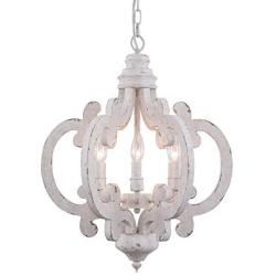 Cottage 6-Light Candle Wooden Chandelier, Distressed White Wood Chandelier Traditional French Country Crown Pendant Light 6-Lights, Adjustable Chain, for Dining Room, Foyer and Living Room