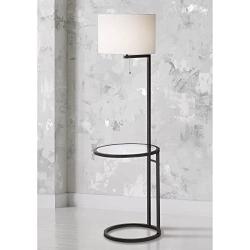 Space Saver Modern Floor Lamp with Table Glass Black White Fabric Drum Shade for Living Room Reading Bedroom Office - 360 Lighting