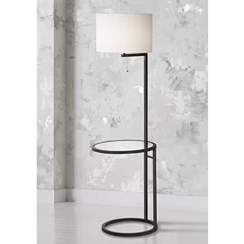 Space Saver Modern Floor Lamp with Table Glass Black White Fabric Drum Shade for Living Room Reading Bedroom Office - 360 Lighting