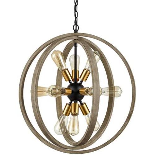 Globe Rustic Wood Chandelier Farmhouse Brass Sputnik Chandelier Dining Room, 12-Light, 24-in