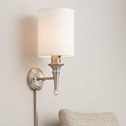 Braidy Modern Wall Lamp Brushed Nickel Plug-in Light Fixture White Faux Silk Cylinder Shade for Bedroom Bedside Living Room Reading - Possini Euro Design