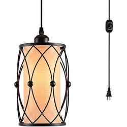 HMVPL Vintage Pendant Lighting Fixtures with Plug in Hanging Cord and Dimmer Switch, Farmhouse Cage Hanging Chandelier Industrial Swag Ceiling Lamp for Kitchen Island Dining Table Bed-Room Entryway