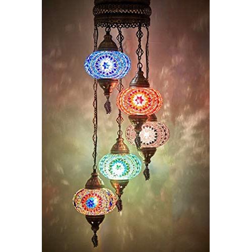 (10 Colors) Swag Plug in Light, Demmex Turkish Moroccan Colorful Mosaic Wall Plug in Ceiling Hanging Light Chandelier Lighting with 15feet Chain Cord & Plug (Multi1)