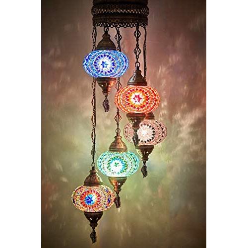 (10 Colors) Swag Plug in Light, Demmex Turkish Moroccan Colorful Mosaic Wall Plug in Ceiling Hanging Light Chandelier Lighting with 15feet Chain Cord & Plug (Multi1)