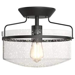 Tangkula Industrial Ceiling Light Fixture, Seeded Glass Shade, Semi Flush Mount Ceiling Light w/ Black Metal Base, Farmhouse Pendant Lighting for Dining Room, Bedroom, Cafe, Bar, Entryway (Black)