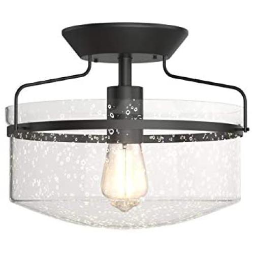 Tangkula Industrial Ceiling Light Fixture, Seeded Glass Shade, Semi Flush Mount Ceiling Light w/ Black Metal Base, Farmhouse Pendant Lighting for Dining Room, Bedroom, Cafe, Bar, Entryway (Black)