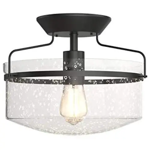 Tangkula Industrial Ceiling Light Fixture, Seeded Glass Shade, Semi Flush Mount Ceiling Light w/ Black Metal Base, Farmhouse Pendant Lighting for Dining Room, Bedroom, Cafe, Bar, Entryway (Black)