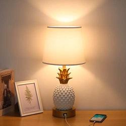 Bedside Touch Lamp with USB Charging Port, 3 Way Dimmable Modern Nightstand Lamp with White Lampshade Pineapple LED Touch Lamp for Living Room, Bedroom, Guest Room, Office, 6W LED Edison Bulb Included