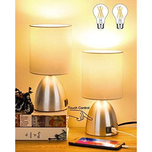 Touch Control Table Lamp,Set of 2 Bedside Lamps, 3 Way Dimmable Small Desk Lamp with 2 USB Charging Ports, 11'' Mini Bedside Nightstand Lamp for Living Room Bedroom Dorm, A19 6W 2700K Bulb Included