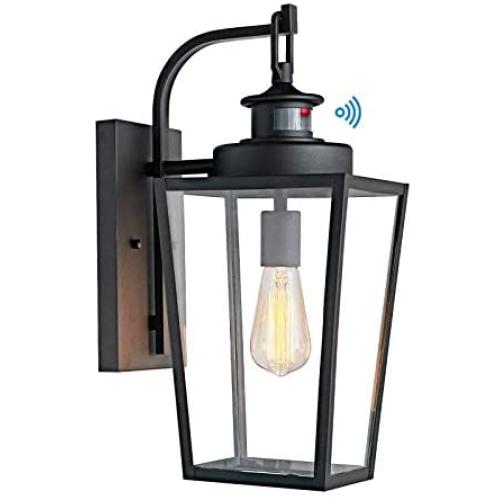 MOTINI 17 Vintage Outdoor Wall Lantern Lamp with Motion Sensor 1-Light Classic Dusk to Dawn Wall Mount Light in Black Finish with Clear Beveled Glass Shade, ETL