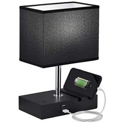 Black Touch Lamp with Phone Stand, Seealle Memory Dimmable Nightstand lamp Bedside Lamp with 2 USB Ports, Table Lamp with Solid Wood Base for Bedrooms Living Room Guest Room (Dimmable Bulb Included)