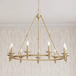 Hartley Warm Antique Brass Large Wagon Wheel Chandelier 35'' Wide Modern Farmhouse 9-Light Fixture for Dining Room House Foyer Kitchen Island Entryway Bedroom Living Room - Franklin Iron Works