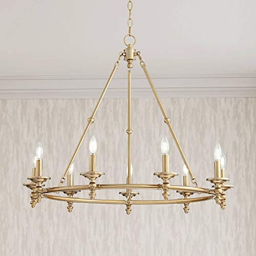 Hartley Warm Antique Brass Large Wagon Wheel Chandelier 35'' Wide Modern Farmhouse 9-Light Fixture for Dining Room House Foyer Kitchen Island Entryway Bedroom Living Room - Franklin Iron Works Hartley Warm Antique Brass Large Wagon Wheel Chandelier 35'' Wide Modern Farmhouse 9-Light Fixture for Dining Room House Foyer Kitchen Island Entryway Bedroom Living Room - Franklin Iron Works