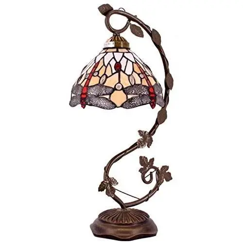 Tiffany Lamps Stained Glass Table Desk Reading Lamp Crystal Bead Sea Blue Dragonfly Style Shade W8H22 Inch for Living Room Bedroom Bookcase Dresser Coffee Table (S55708T28)