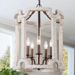 LOG BARN Farmhouse Chandelier, 5-Light Wood Chandelier for Kitchen Island, Dining Room, Weathered White Wood, 16.5’’W x 19’’H