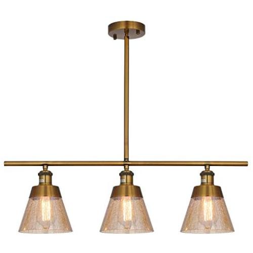 Rustic Farmhouse Glass Kitchen Island Lighting, Amber Crackle Glass Linear Chandelier, 3 Lights Adjustable Rods Industrial Pendant Light Fixture for Kitchen Island Dining Room, Antique Gold