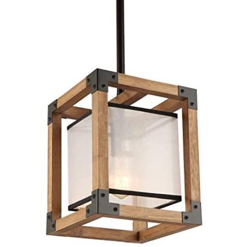 Anmytek Wood Frame Farmhouse Pendant Light with Fabric Shade, Indoor Industrial Rustic Edison Hanging Light Fixture for Kitchen, Living Room, Dining Table, P0061