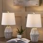 Maxax Ceramic Table Lamp Set of 2 Bedside Nightstand Lamp White Geometric Desk Lamp Drum Fabric Shade for Living Room Family Bedroom
