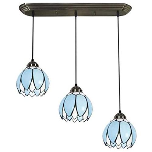 KAKM Hanging Light Pendant Lighting Tiffany Style Kitchen Island Pendant Lamps with Lotus Stained Glass Shade, Mediterranean Dining Room Chandeliers for Hanging Over Bar Cafe Table (Color : Blue)