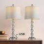 BOBOMOMO Modern Crystal USB Table Lamps Set of 2 for Living Room Nightstand Bedroom 25'' Bedside Desk Lamp Silver Shade