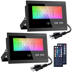 MustWin 2 Pack 25W LED Flood Light RGB LED Outdoor Floodlight with 44 Keys Controller IP66 Waterproof 20 Colors Changing and 6 Modes Dimmable Wall Washer Light for Landscape Garden Stage Party