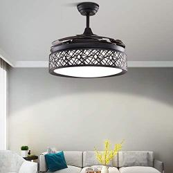 Fandian 42In Modern Ceiling Fan with Lights Remote Control Pendant Chandelier Fixtures LED Lighting Silent Retractable Blades 3 Light Colors, 3 Light Changing, Black Bird Nest Lamp for Living room, Bedroom