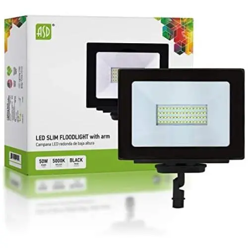 ASD 50W LED Flood Light with Arm - 5000K Daylight 4780 Lm - 120W MH Equivalent - IP65 Waterproof - 120V Commercial Super Bright LED Floodlight Outdoor Garage - Black Finish - UL & DLC Standard, 1-Pack