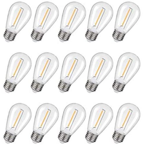 Shatterproof LED S14 Outdoor String Light Bulb,Non-Dimmable,Worm White 2200K,100LM,Plastic Bulbs, E26 Base (15PACK)