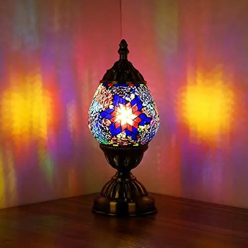 Marrakech Turkish Table Lamp Handmade Mosaic Glass Egg Shaped Moroccan Lantern Decorative Desk Night Light for Bedroom Living Room with E12 LED Bulb (Multicolour)