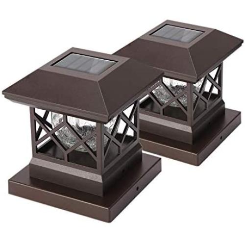 Twinsluxes Fence Post Cap Light, LED Solar Lights for Deck Posts, Solar Post Caps Light Outdoor for 3.5x3.5/4x4/5x5 Posts, Wood or Vinyl Fence Deck Post, Warm Light 2 Pack, Brown…