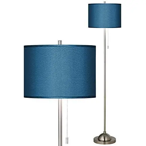 Modern Floor Lamp Brushed Nickel Blue Textured Fabric Drum Shade for Living Room Reading Bedroom Office - Possini Euro Design