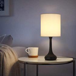 Modern Bedside Lamp, Small Nightstand Table Lamp with White Fabric Lampshade, Black Metal Desk Lamps for Bedroom Living Room Dorm Study or Office