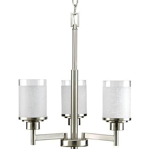 Progress Lighting P4458-09 3-Light Chandelier with White Linen Finished Glass with A Clear Edge Accent Strip, Brushed Nickel