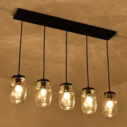 5 Lights Farmhouse Dining Room Light Fixture,Adjustable Mason Jar Chandeliers Ceiling Hanging Light for Kitchen Island, Coffee, Bar, Living Room