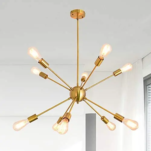 10 Lights Sputnik Chandelier Brushed Brass Vintage Pendant Lighting Modern Ceiling Light Fixture,Gold