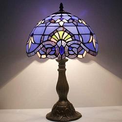 Tiffany Lamp W12H18 Inch Blue Purple Baroque Style Stained Glass Lavender Shade Antique Table Reading Desk Light Base S003C WERFACTORY LAMPS Lover Parent Living Room Bedroom Bar Bedside Art Craft Gift