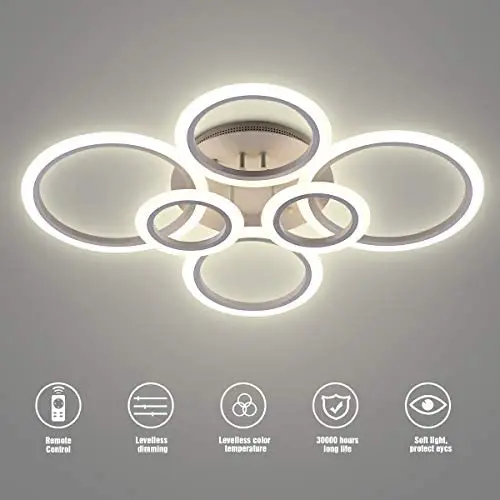 LED Ceiling Light,VANDER Life 72W LED Ceiling Lamp 6400LM White 6 Rings Lighting Fixture for Living Room,Bedroom,Dining Room,Dimmable Remote Control,3 Color