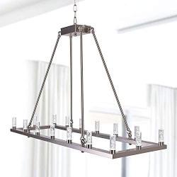 MEEROSEE Rectangle Modern Brushed Nickel Chandelier Lighting L39.37'' Farmhouse Led Pendant Light Fixture Acrylic Shade Island Chandeliers 16 Lights Dining Room Chandeliers for Island Kitchen Dimmable