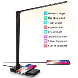 LED Desk Lamp with Wireless Charger, USB Charging Port, Desk Lighting with 5 Brightness Level, 5 Lighting Modes, Dimmable Eye-Caring Reading Desk Lamp for Home Office,Touch Control,30/60min Auto Timer