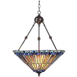 Peacock Glass Bronze Tiffany Pendant Chandelier 20'' Wide Modern Stained Glass 3-Light Fixture for Dining Room House Foyer Kitchen Island Entryway Bedroom Living Room - Robert Louis Tiffany