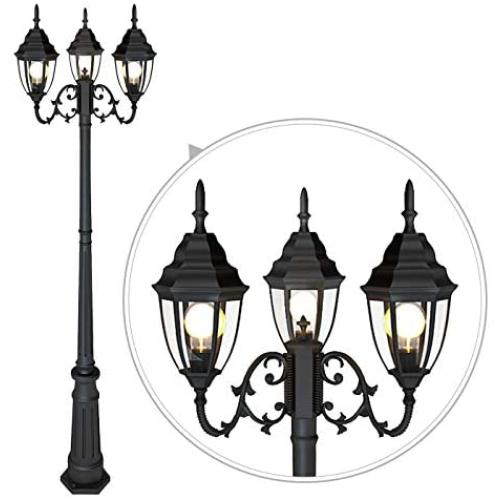 Outdoor Lamp Post Light, Waterproof Outdoor Street Light with Triple-Head Black Lamp Post Die-Cast Aluminum with Clear Glass Panels Pole Street Light for Pathway, Patio, Backyard,Garden