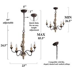 LNC French Country Chandelier, Farmhouse Handmade Distressed Wood 5 Lights Fixture for Dining & Living Room, Bedroom, Kitchen, Stairway, Bathroom