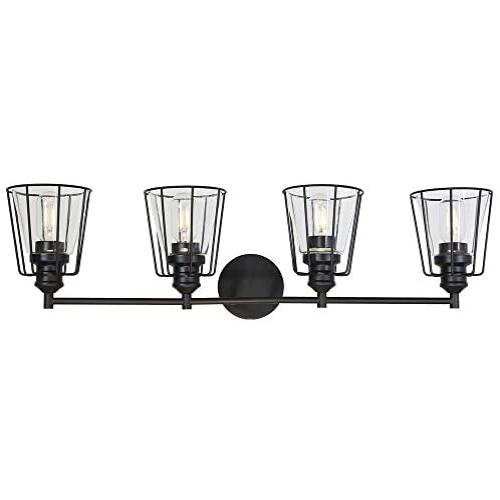 VINLUZ 4-Light Metal Cage Bathroom Vanity Light Industrial Wall Lighting with Clear Glass Shade Vintage Rustic Sconce Wall Light Fixtures for Dining Room Living Room Kitchen Hallway
